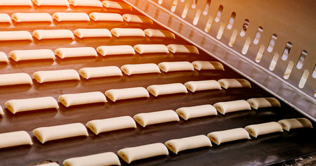 Dough rolls lined up on a conveyor belt in a bakery during the daytime for preparation and bakingの写真素材