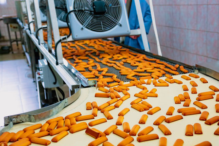 Freshly baked cookies are being processed on a conveyor belt in a confectionery factory. Workers...