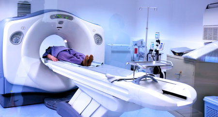 A patient lies on a CT scan table inside a clean, well-lit medical room, prepared for imaging. The...