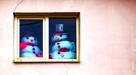 Two snowman decorations with festive attire are displayed in a window, creating a cheerful winter atmosphere.の写真素材