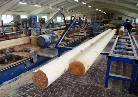 Inside a wood processing workshop, workers operate machinery as they process logs into timber,...