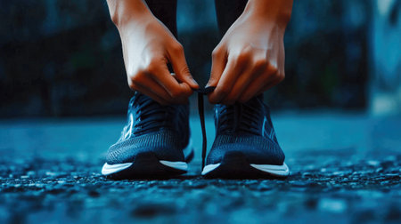 A person crouches down to tie shoelaces on running shoes before starting a morning jog in a quiet city environment.の素材