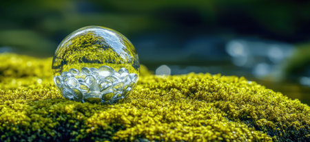 A crystal sphere filled with small stones lies on bright green moss near a gentle stream, reflecting the surrounding foliage in daylight.の素材