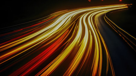 Long exposure captures bright light trails on a winding road at night, showcasing vibrant colors and the motion of passing vehicles.の素材