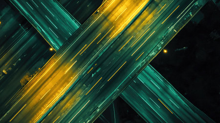 Highways converge in a complex interchange, illuminated by the movement of vehicles against a dark night backdrop of a city.の素材