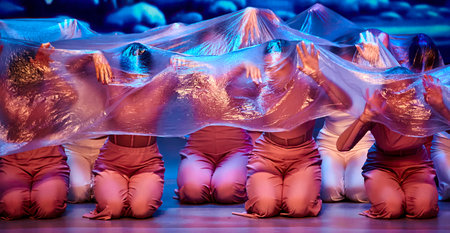 Talented dancers in pink leotards perform gracefully on stage behind a transparent curtain lit with a vibrant blue light, captivating the audience with their skill and artistry.の写真素材