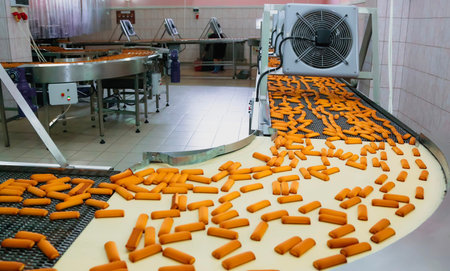 In a bustling confectionery factory, a production line efficiently moves freshly baked cookies....