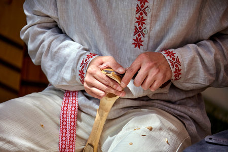 A skilled artisan, adorned in traditional embroidery, carefully carves a wooden spoon with a sharp...