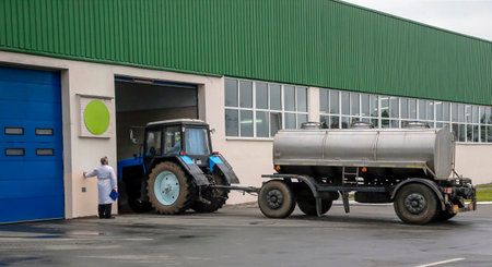 Tractor and tanker unloading at industrial facility on overcast day.の写真素材