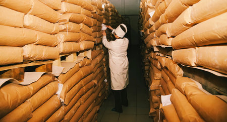 A person dressed in white is organizing stacks of brown paper bags filled with flour in a warehouse setting.の写真素材