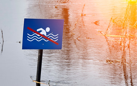 A sign prohibits swimming in a flooded area to ensure safety near the water. Stagnant water reflects sunlight in the background.の写真素材