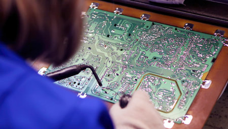 An individual focuses on soldering components onto a printed circuit board in a workshop filled with tools during daylight hours.の写真素材