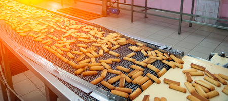 Freshly baked cookies are moving along a conveyor belt in a confectionery factory, highlighting the cookie production process as workers oversee the line throughout the day.の写真素材