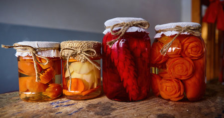 Brightly colored jars filled with preserved vegetables showcase a variety of textures and hues, adding charm to a warm kitchen atmosphere.の写真素材