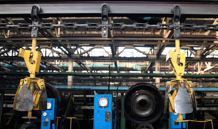 Yellow overhead hoists hang from tracks in a manufacturing facility, highlighting industrial equipment and workspace during the day.の写真素材