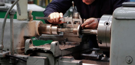Skilled worker precision measuring metal component in industrial workshop during daytime