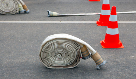 Fire hoses are neatly rolled and placed beside orange traffic cones during a public safety training...