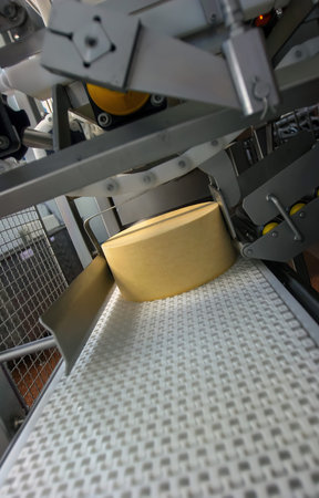 Modern cheese production process in a factory with automated conveyor system in action