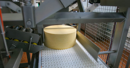 Cheese is being processed on a conveyor belt in a dairy facility during production hours
