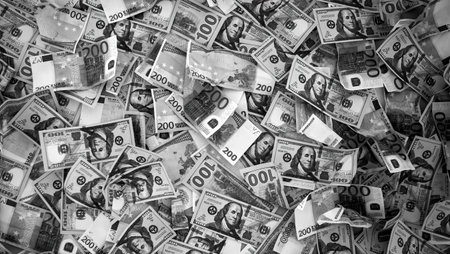 Currency notes of different values are densely spread out, showcasing a mixture of denominations in various conditions.の写真素材