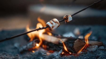 Friends gather around a campfire in the evening, toasting marshmallows on sticks while enjoying the warm glow of the flames.の素材