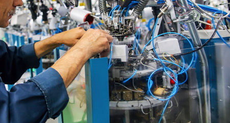 Skilled technicians work on assembling robotic parts in a busy factory environment with advanced...
