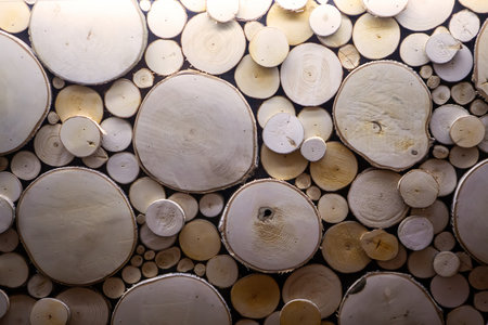 Different sizes of wooden logs are arranged artfully on a wall, showcasing natural textures and colors for interior design ideas.の写真素材