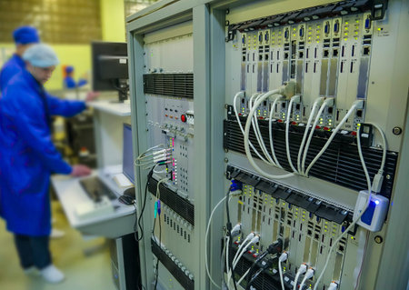 Technicians in blue uniforms and caps are focused on configuring industrial control systems in a...