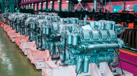 In a large manufacturing facility, several engines are positioned in a row, ready for quality checks...