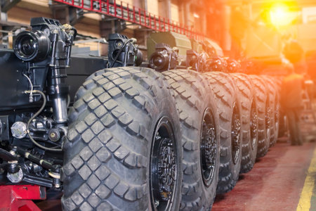 Rows of large tires ready for installation on military equipment highlight assembly at Wheel Tractor Plant's production facility.の写真素材