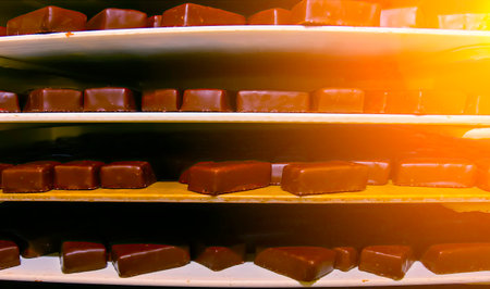 Chocolate squares rest on shelves in a workshop, cooling after being molded into shape earlier in the day for tasty treats.の写真素材