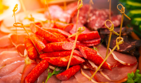 Cured meats, including sausages and slices, are attractively arranged on a wooden platter at a lively evening gathering. Guests are enjoying various flavors and textures together.の写真素材