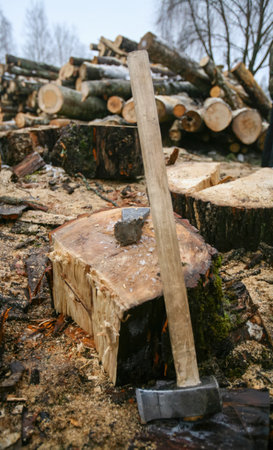 A wooden axe is placed on a freshly cut log, surrounded by neatly piled logs in a cold, winter forest setting.の写真素材