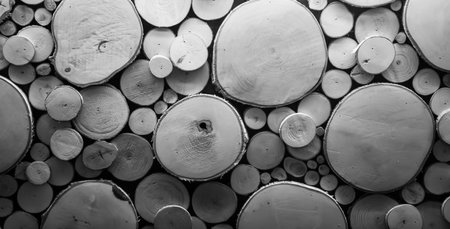 Circular wooden slices are neatly arranged in various sizes, creating an artistic and textured display in monochrome tones.の写真素材