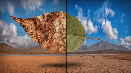 A dry, brown leaf floats above a cracked, barren ground with a clear blue sky and scattered clouds in the background displaying drought's impact.の素材