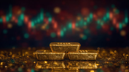 Three shimmering gold bars rest on a reflective table, contrasting with vibrant stock market graphs in the background.の素材