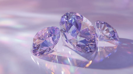 Three stunning purple gemstones rest on a reflective surface, capturing light and creating beautiful patterns and colors around them.の素材