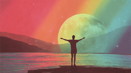Individual stands on a rocky shore, arms outstretched toward a vibrant sunset sky and an enormous moon, evoking peace and wonder.の素材