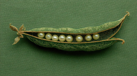 A green pea pod showcases shimmering pearls inside, resting on a soft green surface that enhances its elegance and beauty.の素材