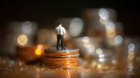 A small figure stands on a pile of coins, surrounded by blurred currency, highlighting themes of finance, investment, and economic awareness.の素材