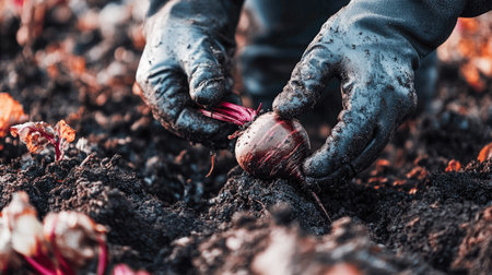 Hands carefully pull ripe beets from the dark, nutrient-rich soil in a picturesque garden during the autumn season.の素材