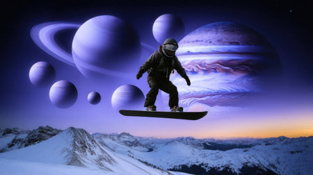A snowboarder performs tricks in a surreal cosmic landscape featuring large planets and a beautiful snowy mountain range at sunset.の素材