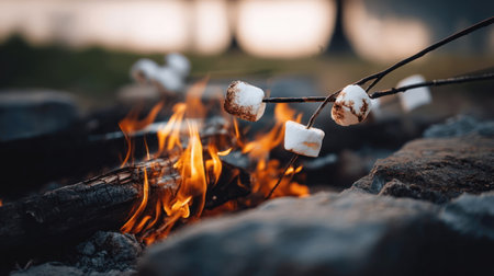 Friends gather to enjoy roasting marshmallows over a warm campfire as the sun sets by the lakeside, creating a peaceful atmosphere.の素材