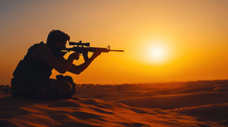 A soldier is positioned on a sand dune, taking aim with a sniper rifle at the horizon during a vibrant sunset.の素材