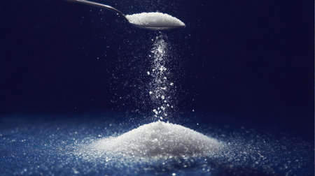 A spoon pours granulated sugar, creating a small mound on a dark blue surface, with light sparkling off the falling crystals.の素材