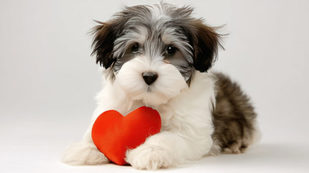 A fluffy puppy rests with a red heart-shaped toy, looking adorable and playful in a cozy indoor setting, conveying happiness and affection.の素材