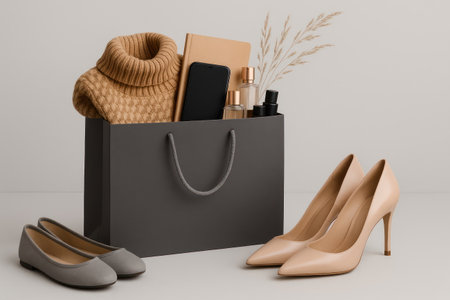 A gray shopping bag holds a warm sweater, phone, and beauty items, with stylish shoes displayed nearby on a light surface.の素材