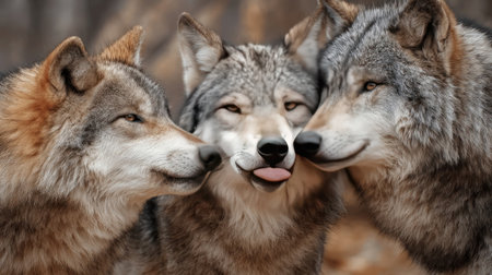Three wolves are seen closely together in the forest, interacting and displaying friendly behaviors, creating a captivating natural scene.の素材
