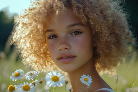 A girl with curly hair smiles gently while standing among blooming daisies in a sunlit field, capturing a moment of joy in nature.の素材