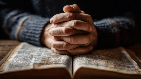 A person sits with hands clasped in prayer above an open book, surrounded by a serene atmosphere filled with focus and reflection.の素材